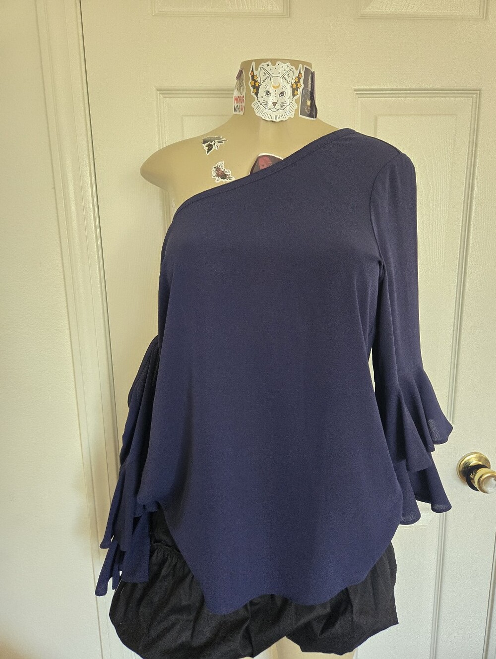 One-Shoulder Navy Ruffle-Sleeve Women's Dress